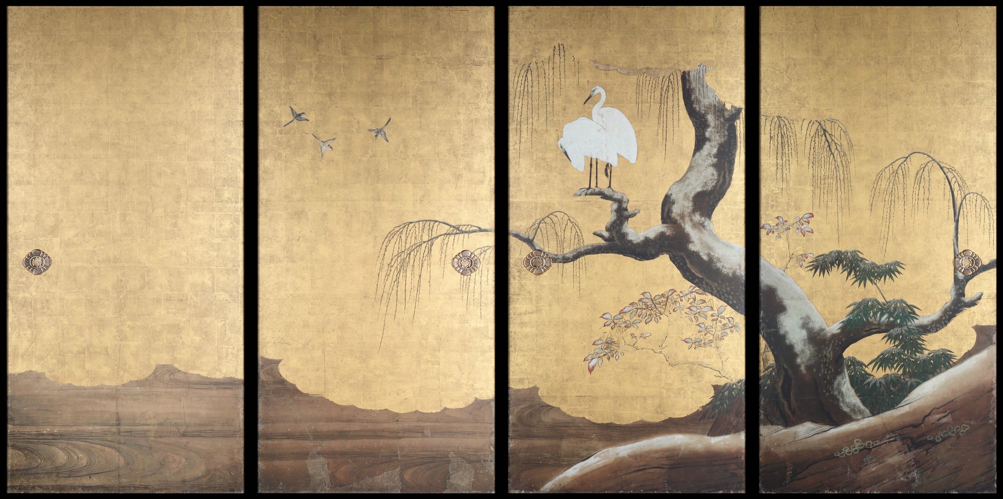 Frolicking Birds in Plum and Willow Trees, a folding screen painting by Kanō Sansetsu